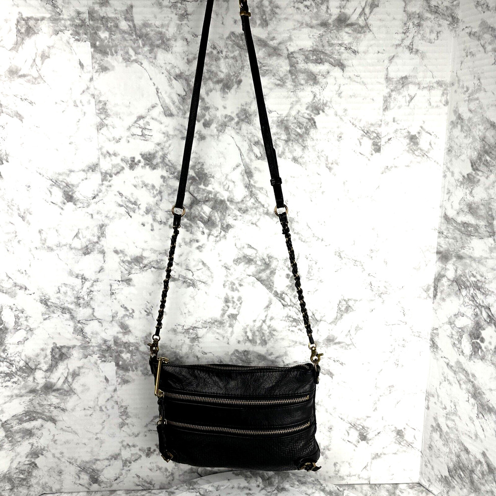 Elliott Lucca Black Leather Crossbody Brass Multi Zipper Pockets Chain Strap